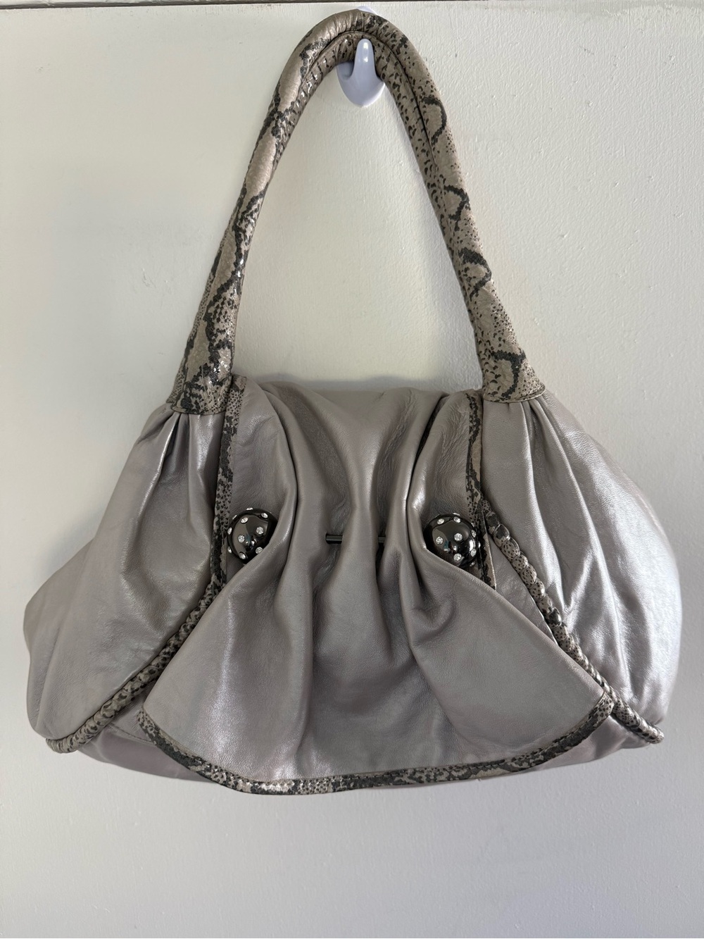 Betsey Johnson Metallic Pearl Leather Snakeskin Shoulder Bag Rhinestone Y2K